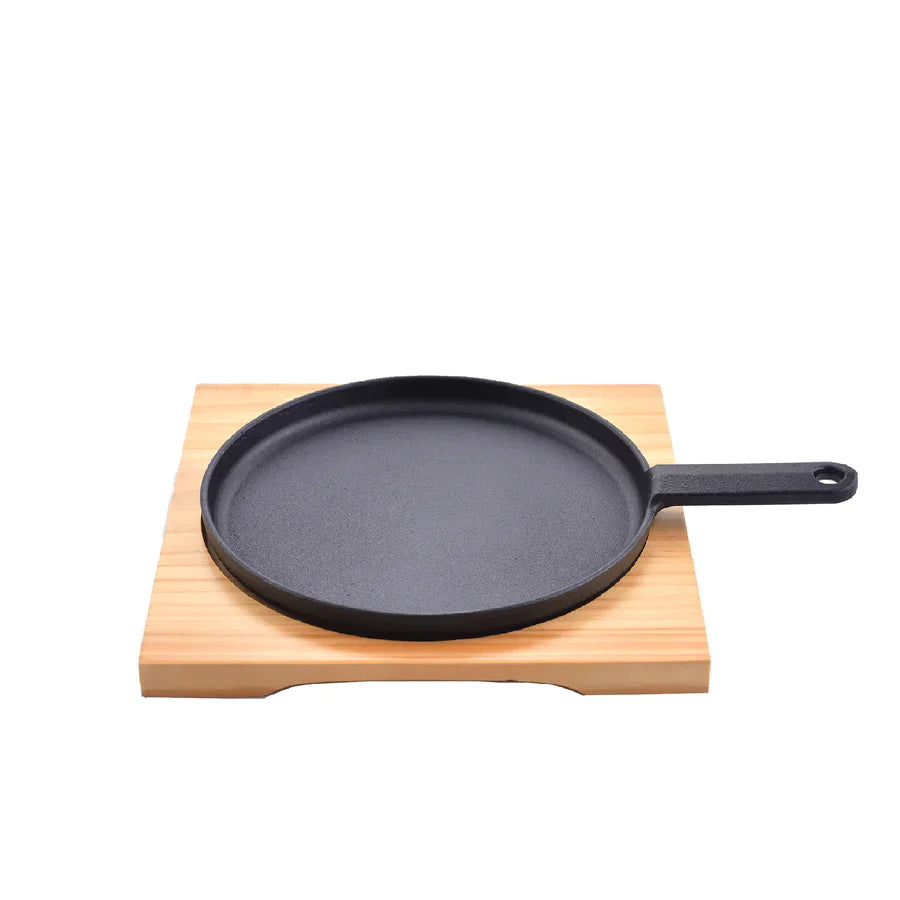 Cast Iron Tawa Sizzling Plate With Wood Base
