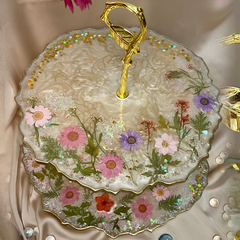 Handmade Resin Art White Floral 2 Tier Platter