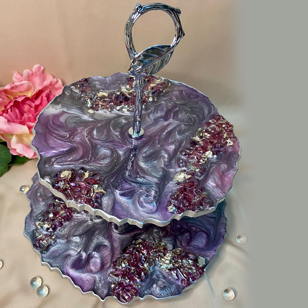 Handmade Resin Art Purple Swirl 2 Tier Serving Platter