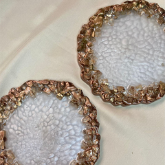 Handmade Resin Art White Veins With Copper and Gold Stones Coaster Pair