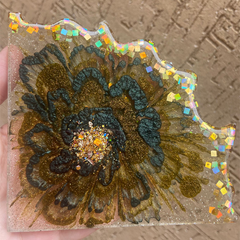 Handmade Resin Art Iris Green & Gold Flower Set Of 4 Coasters