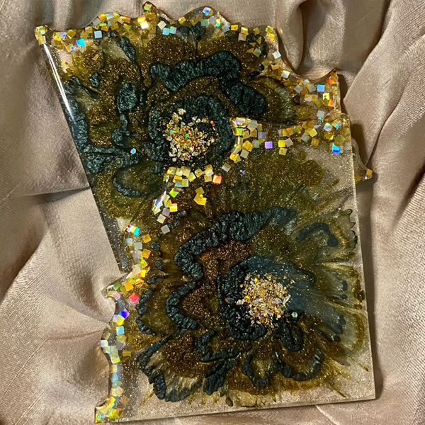 Handmade Resin Art Iris Green & Gold Flower Set Of 4 Coasters