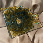 Handmade Resin Art Iris Green & Gold Flower Set Of 4 Coasters