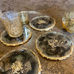 Handmade Resin Art Texture Edge Clear Black Flower Coaster Set