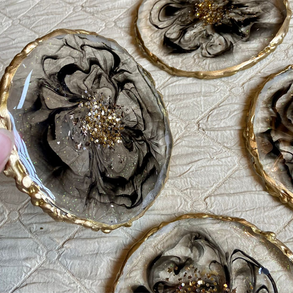 Handmade Resin Art Texture Edge Clear Black Flower Coaster Set