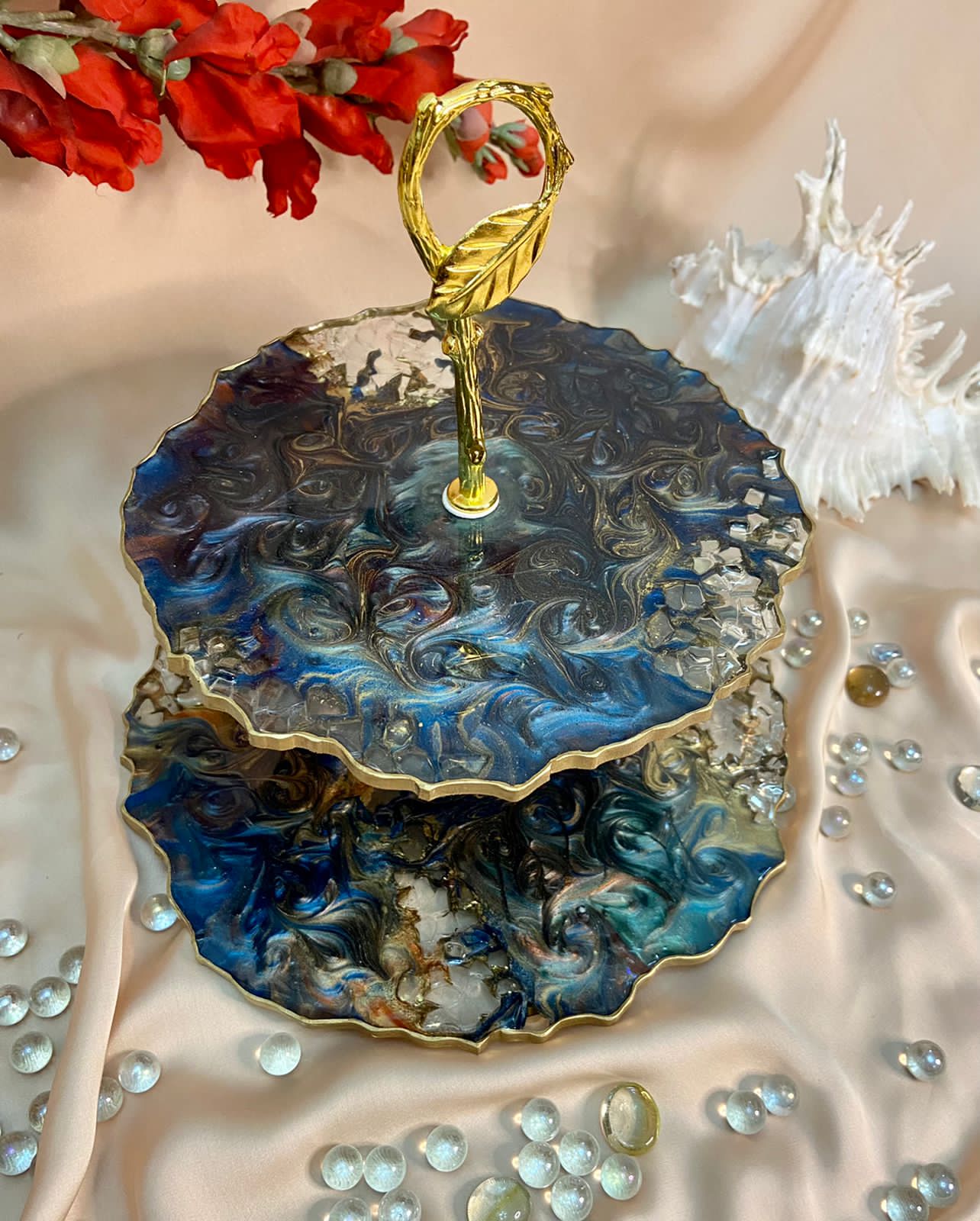 Handmade Resin Art Peacock 2 Tier Platter