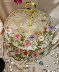 Handmade Resin Art White Floral 2 Tier Platter