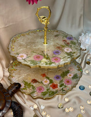 Handmade Resin Art White Floral 2 Tier Platter