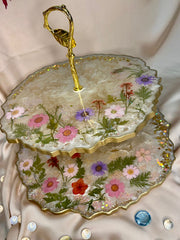 Handmade Resin Art White Floral 2 Tier Platter