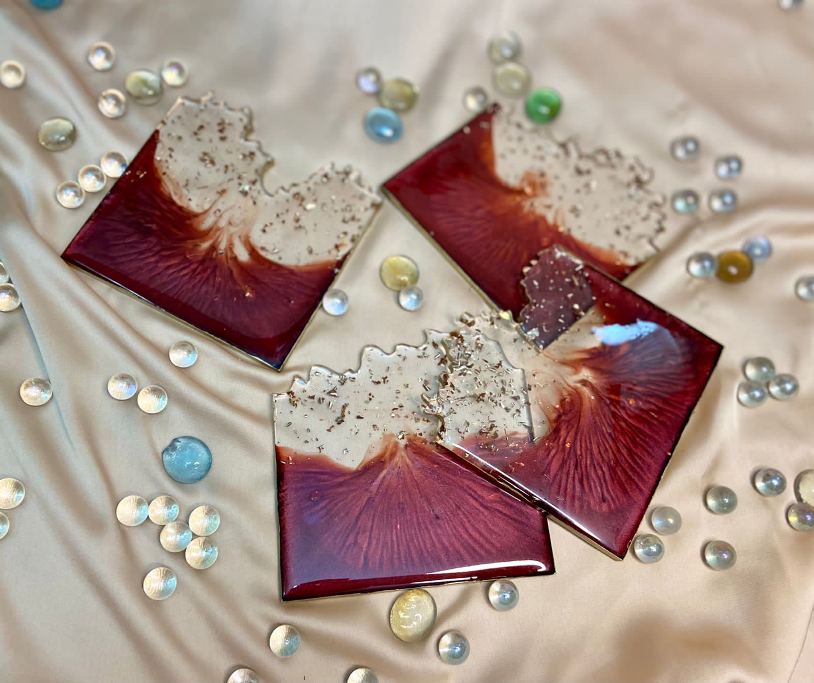 Handmade Resin Art Maroon Set Of 4 Coasters